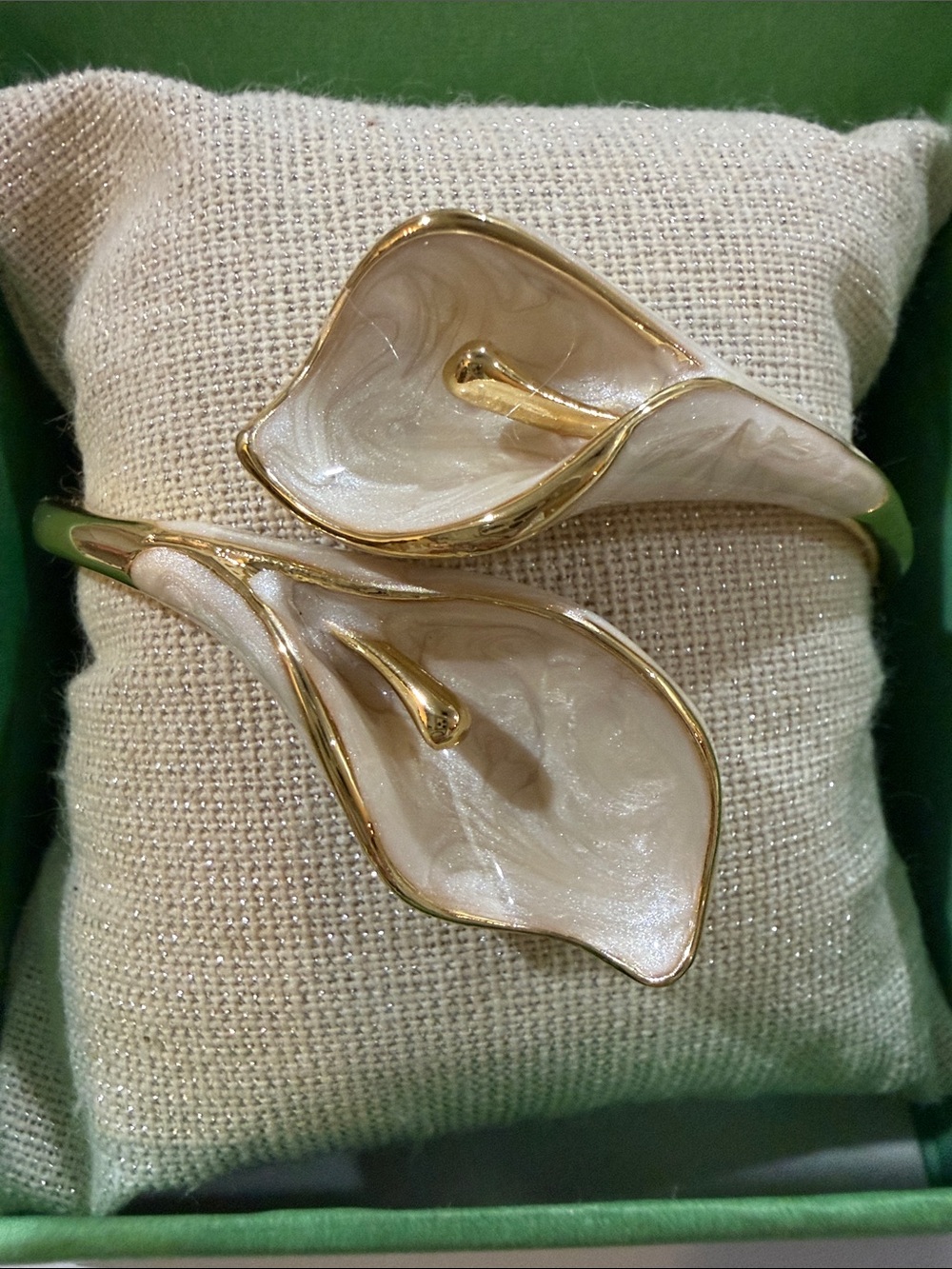 Piper K Gold Tone Ivory Calla Lily Enamel Accents  Bypass Hinge Bracelet - Picture 2 of 4